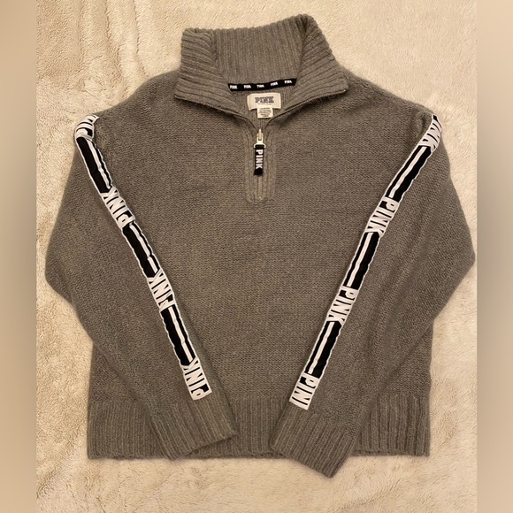 VS PINK LIMITED EDITION MOCK NECK 1/4 ZIP MOHAIR SWEATER GRAY WHITE LOGO HTF LG - Picture 1 of 9